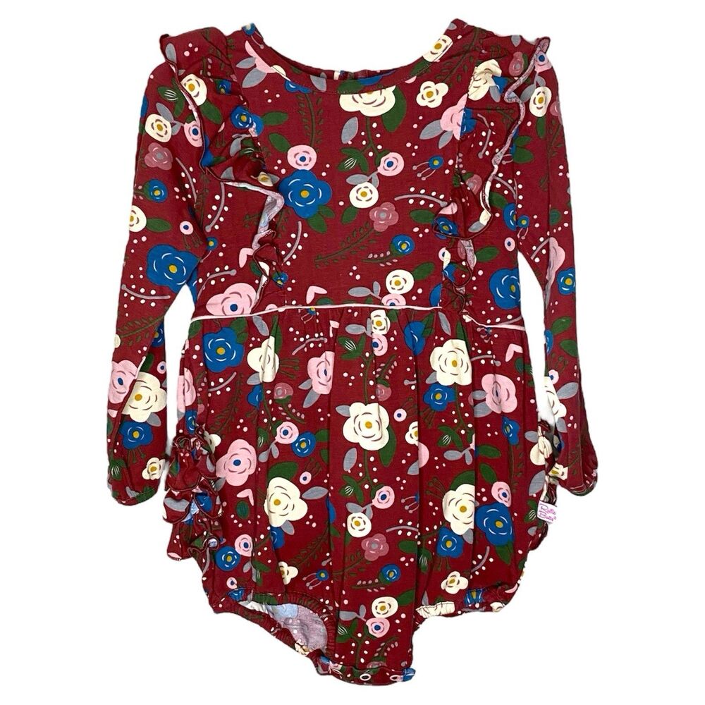 Ruffle Butts Maroon Floral Long Sleeve Bubble Romper Size 2T